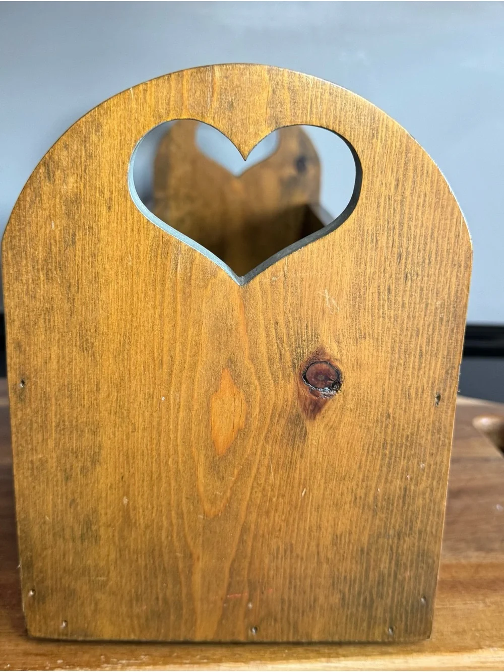 Rustic Wooden Storage Box with Blue Heart Trim
